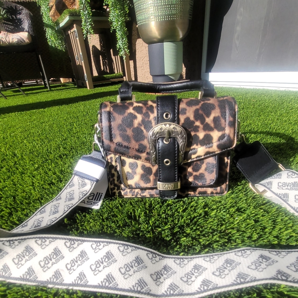 Cavalli Class Brown and Black Crossbody Bag with Leopard Print